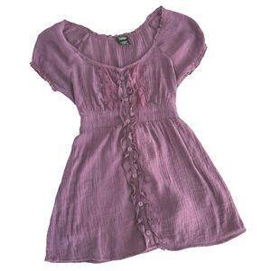 Y2K Vanity M Whimsical Fairy Babydoll Top Plum Flutter Lace Tie Back Ruffle RARE